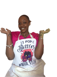 a woman wearing an apron that says i pop bottles